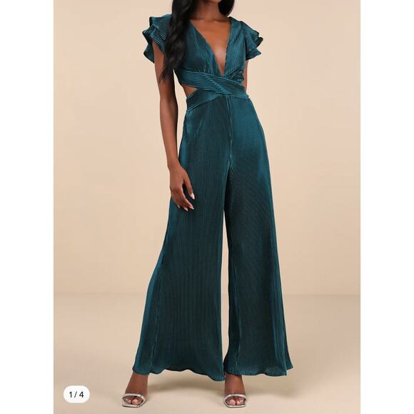 Lulus Luxe Decision Dark Teal Plisse Satin Cutout Wide-Leg Jumpsuit - Picture 1 of 8